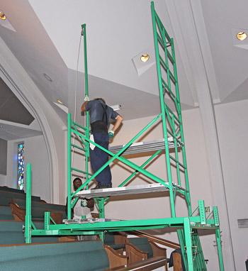 Scaffolding for stepped balconies in Churches